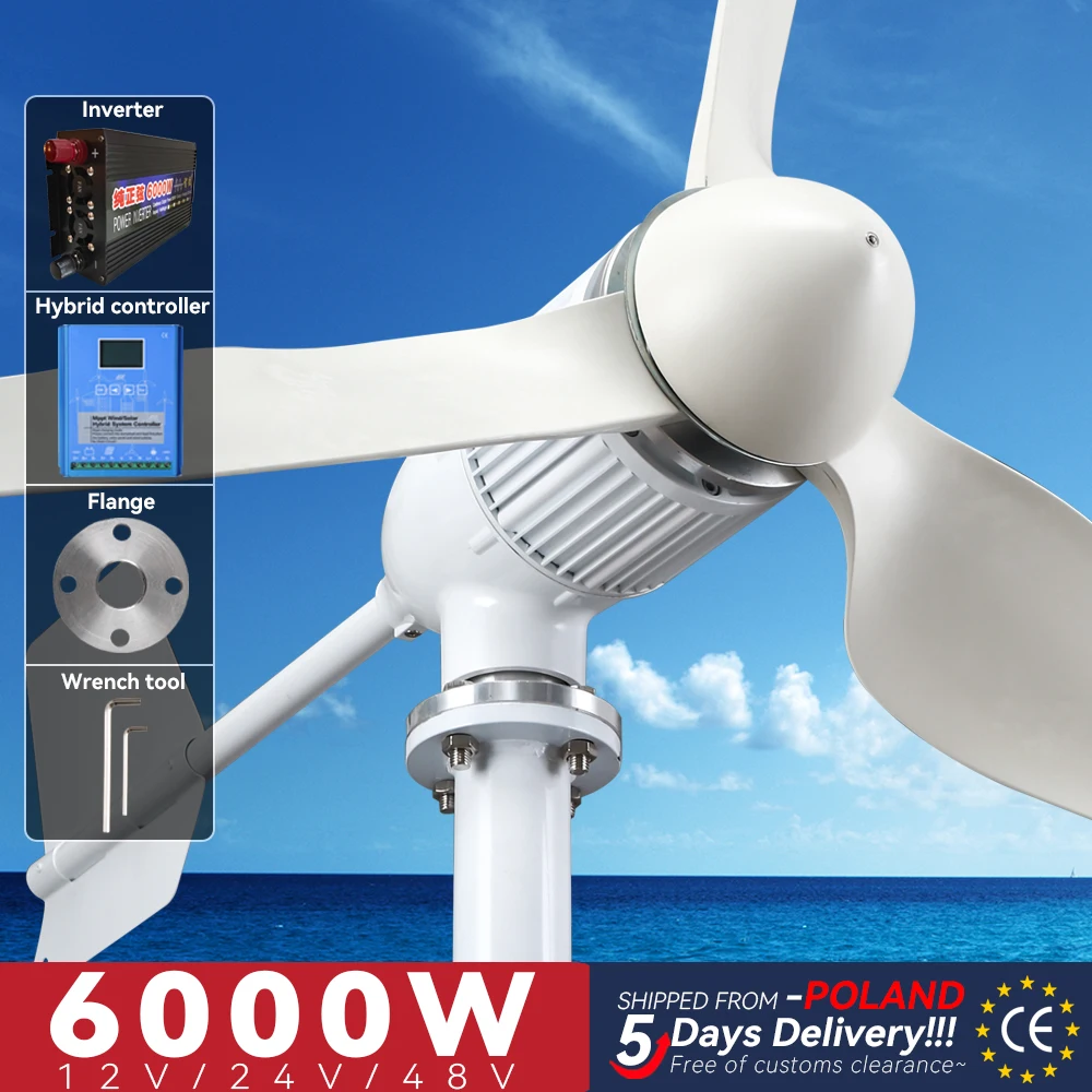 Generador de Turbina Eólica VEVOR 12 V 500 W Aerogenerador Horizontal 5  Cuchillas Velocidad Nominal 13 m/s Kit de Turbina Eólica Resistente y  Durable con Controlador de Carga MPPT para Hogar, Chalets