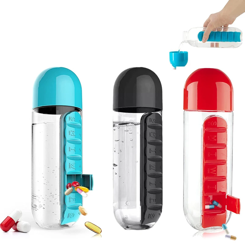 600ml-2-in-1Water-Cup-7Grids-Medicine-Box-Plastic-Portable-Water-Bottle ...