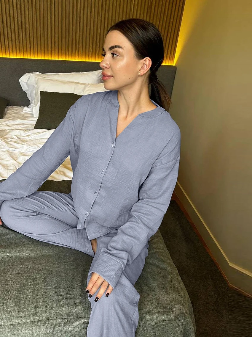 Marthaqiqi Cotton Ladies Sleepwear Suit Long Sleeve Nightgowns O-Neck Pajamas Wide Leg Pants Casual Female Nightwear 2 Piece Set