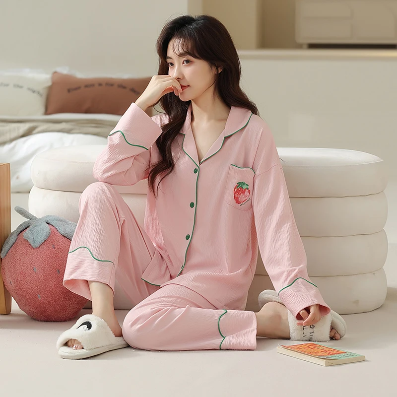 

Прямая поставка, Женский хлопковый пижамный комплект с длинным рукавом, одежда для сна, милая Пижама, комплект из 2 предметов