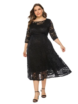 Plus Size Contrast Lace Half Sleeve Semi Sheer Midi Prom Party Wedding Evening Dress For Women 1