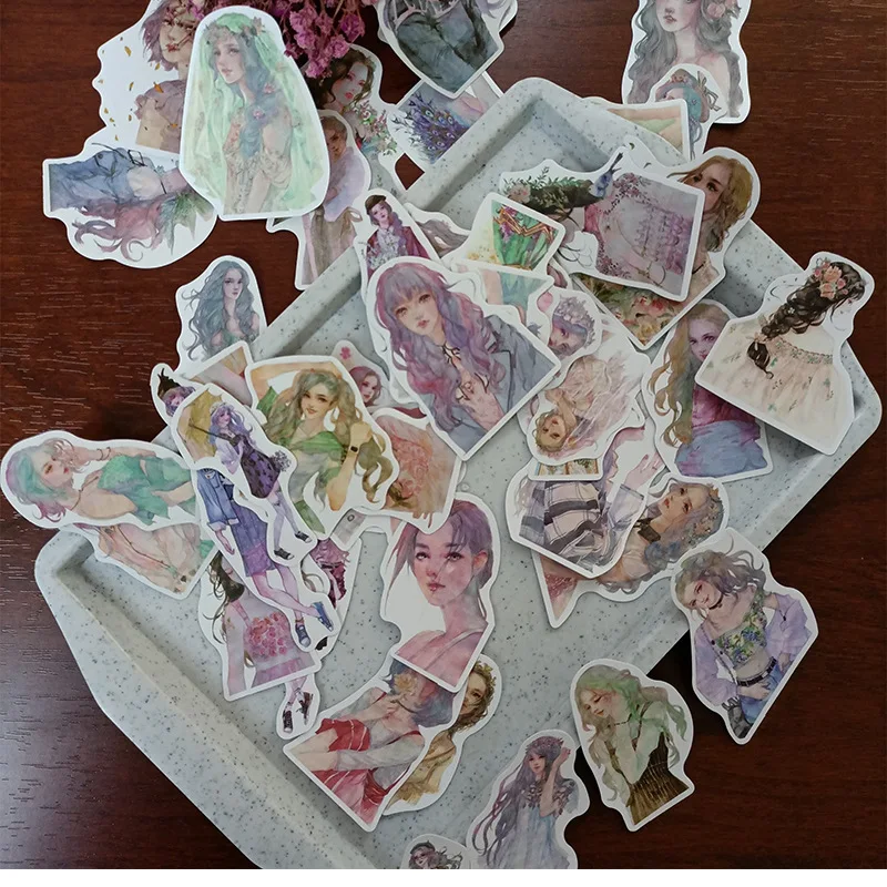50PCS Vintage Cute Hand Painted Girl Stickers DIY Scrapbooking Collage Phone Diary Album Gift Seal Decoration