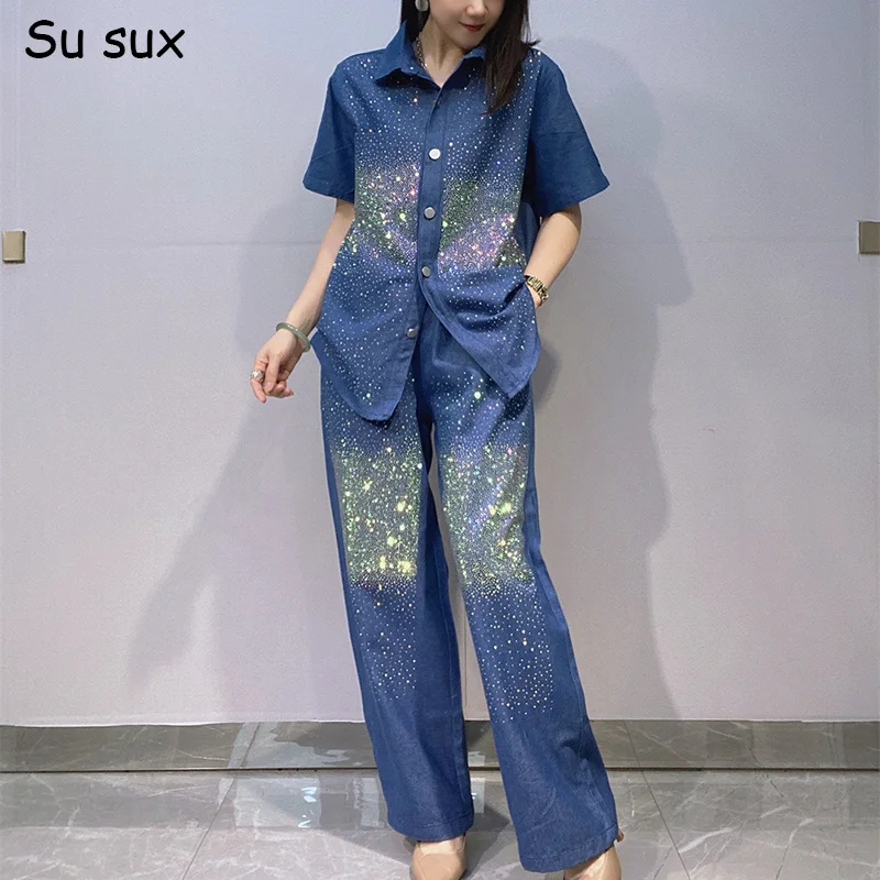Ensemble 2 pièces décontracté pour femme : Blouse en jean à sequins à manches courtes et pantalon large, tenue décontractée en jean surdimensionnée 1 Ensemble 2 pièces décontracté pour femme : Blouse en jean à sequins à manches courtes et pantalon large, tenue décontractée en jean surdimensionnée 1