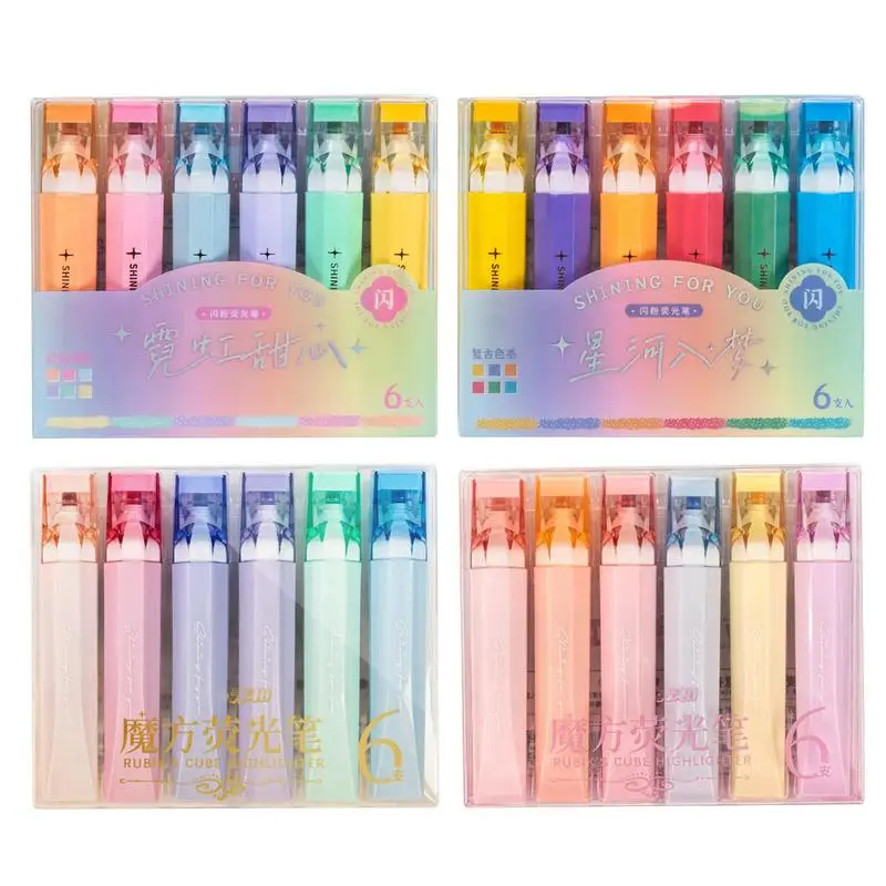 

Блестящие хайлайтеры, 6 шт., блестящие хайлайтеры, пастельные блестящие цвета, блестящие ручки, блестящие цветные хайлайтеры, ручки, милые сверкающие