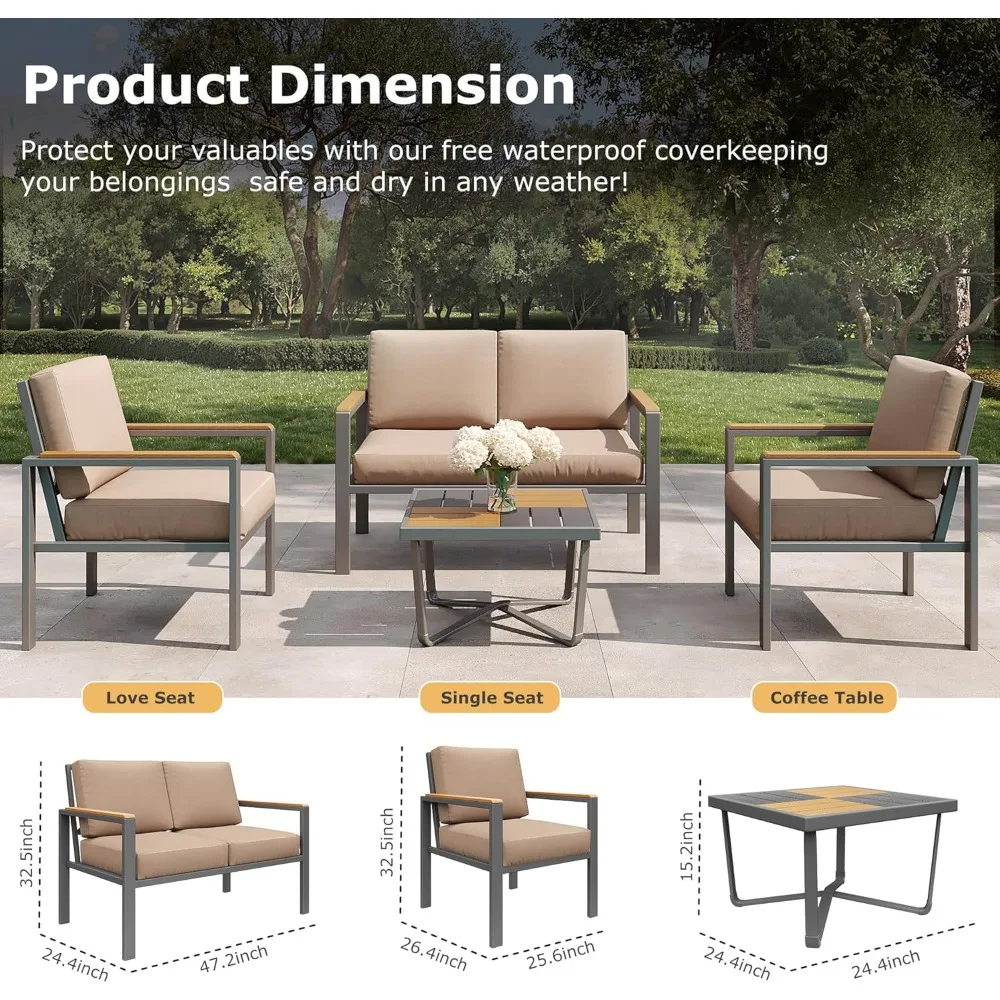 5-Piece Modern Patio Furniture Set with Fire Pit Table, Metal Outdoor Sectional with Cushions & Wood-Like Armrests, Cozy Con