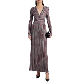 2026 Autumn Women’s Slimming V-Neck Rainbow Stripe Gradient Dress Stretch Knit Maxi Dress Office Wear Waist Knitted Dresses 1