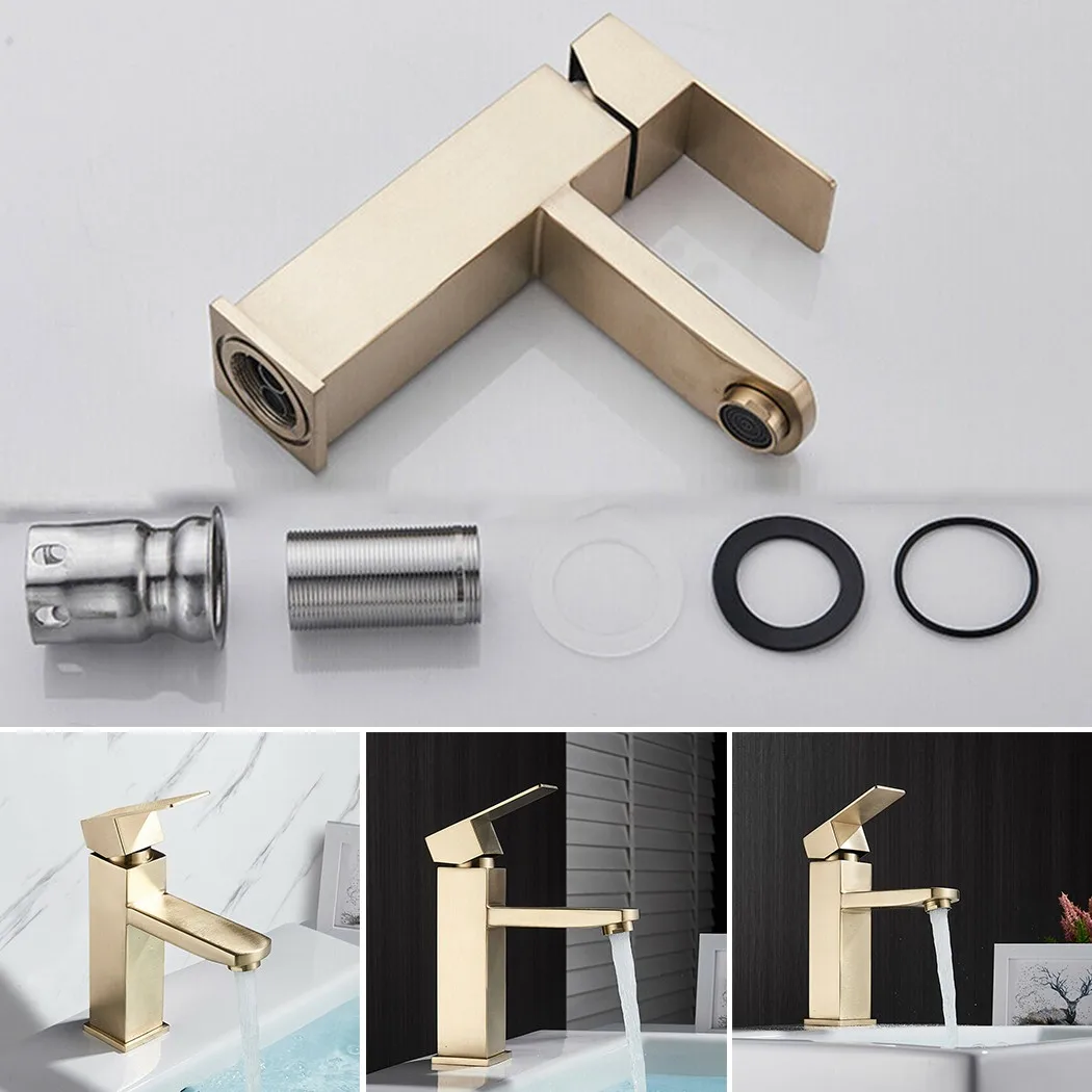 Golden Square 304 Stainless Steel Basin Faucet Home Hotel Bathroom Faucet Hot Cold Water Sink Tap Deck Mounted