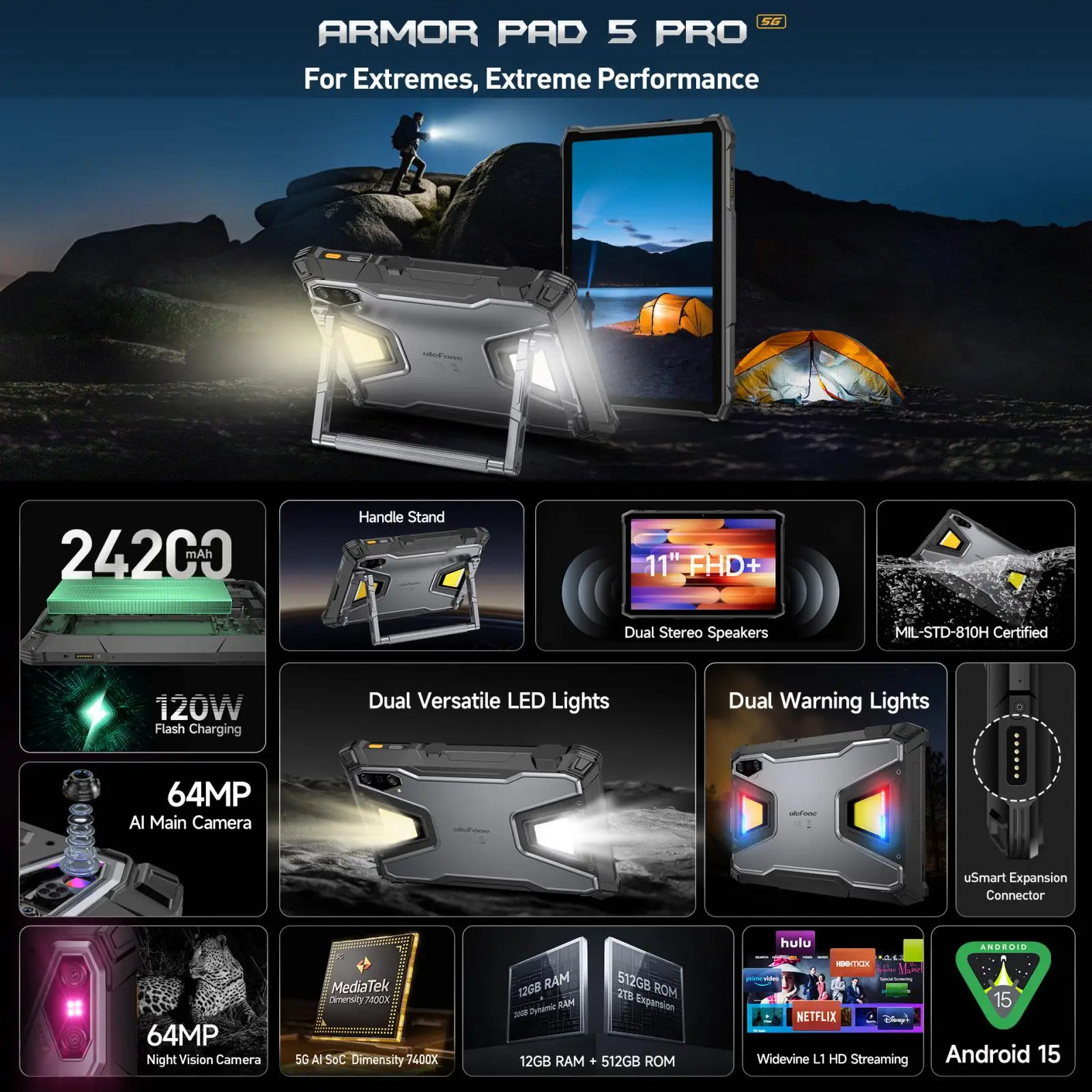 Ulefone Armor Pad 5 Pro Rugged Tablet 12GB+512GB 11" Android 15 MediaTek Dimensity 7400X 64MP 120W Smart Pad 24200mAh 5G NFC