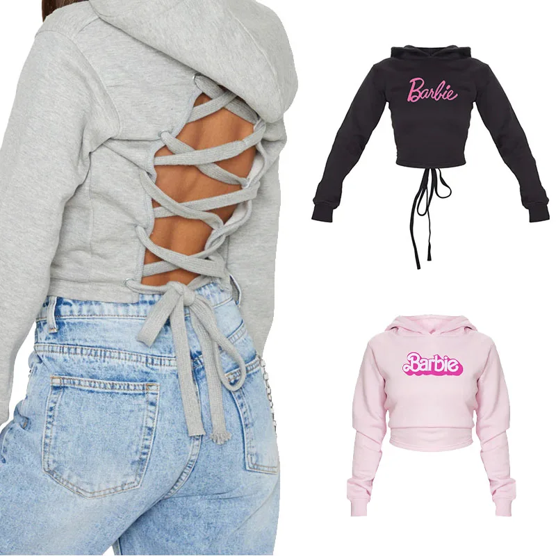 Felpa Con Cappuccio Barbie Moda Europea Americana Ragazze Sweet Cool Style Backless Sexy Versatile Top Di Bell'Aspetto Per Le Donne