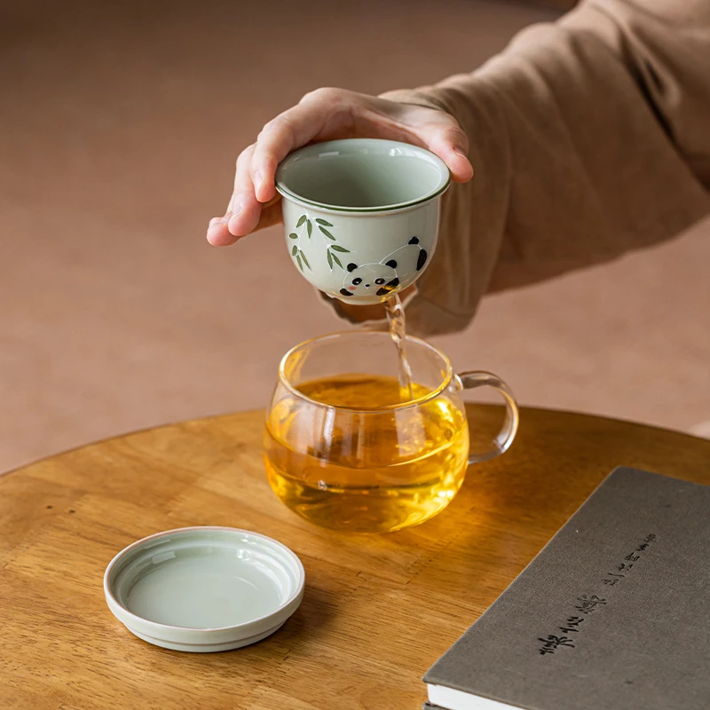 Creative Ceramic Hand Drawn Panda Pattern Cup, Home Office Items, Porcelain Filtered Tea Water Separation, Glass Mug, 350ml, 1Pc
