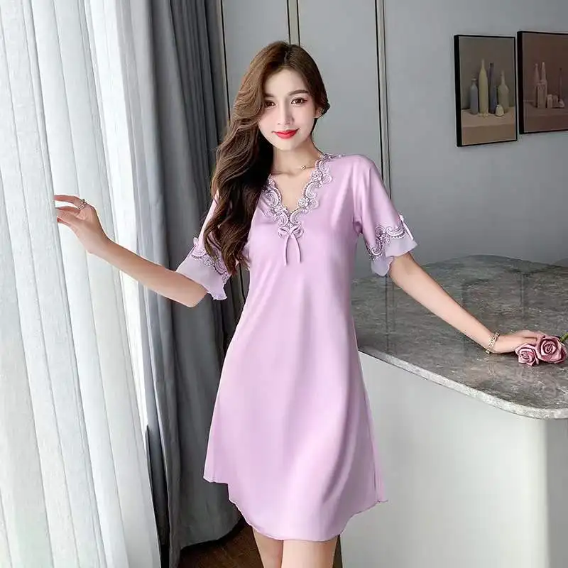 Ladies Sexy Pajamas Silk Embroidered Bow Nightdress Spring Summer Ice Silk Thin Solid Color Comfortable Homewear