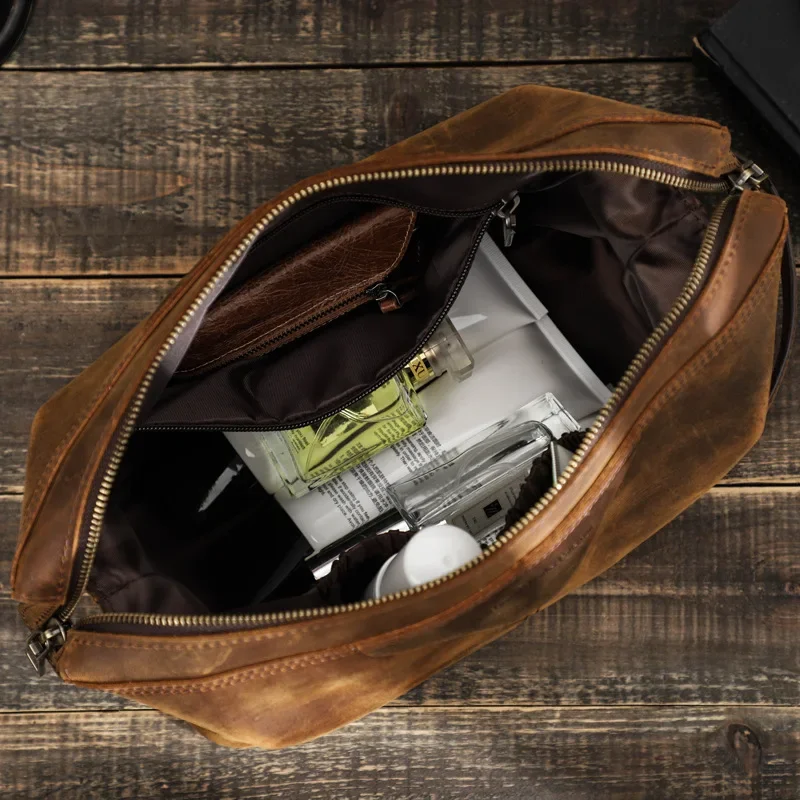 Genuine Leather Toiletry Travel Bag for Men and Women