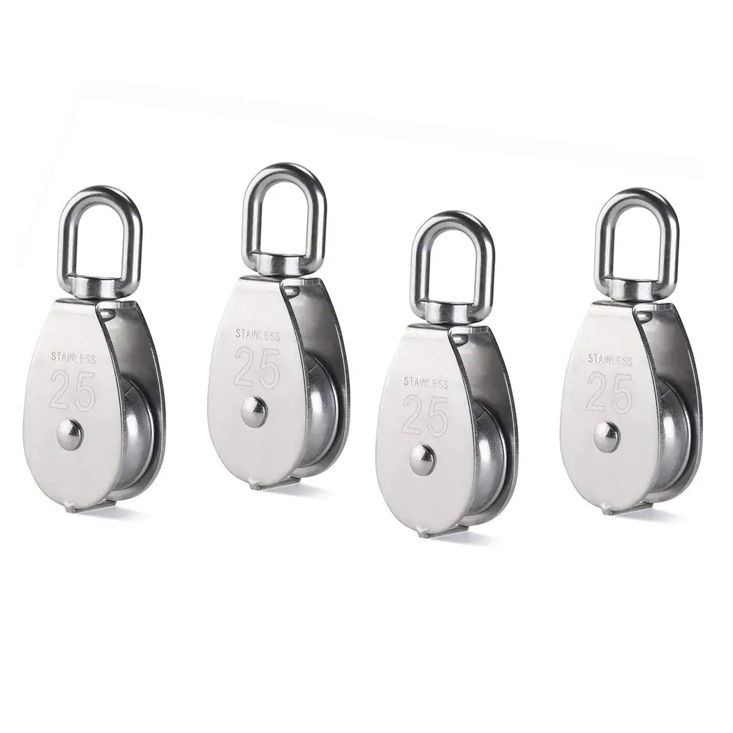 4Pcs M25 Single Pulley Block Creatiee 304 Stainless Steel Pulley Roller Crane Swivel Hook Smooth Wire Rope Cable Loading 150 kg 1 pack m25 double pulley block stainless steel 304 wire rope crane double wheel swivel lifting rope pulley block