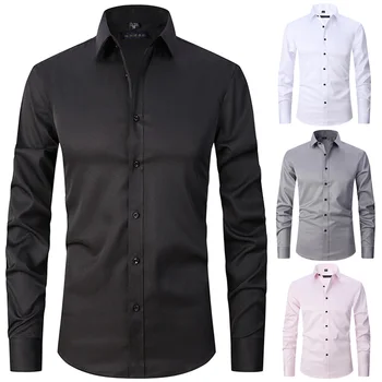 Camicia elastica slim fit a maniche lunghe da uomo e camicia nera senza stiratura Tinta unita da uomo Abbigliamento da uomo versatile da lavoro in pollici
