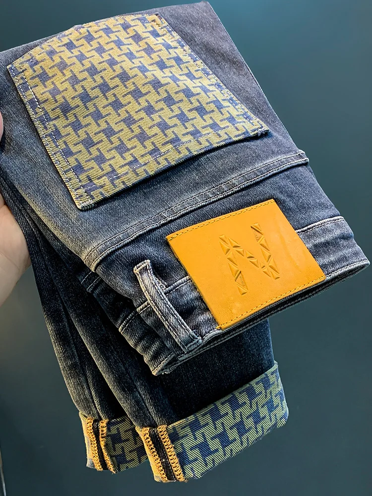 Spring new trendy jeans for MEN'S HIGH END light luxury fashion print elastic casual straight fit loose cotton denim pants