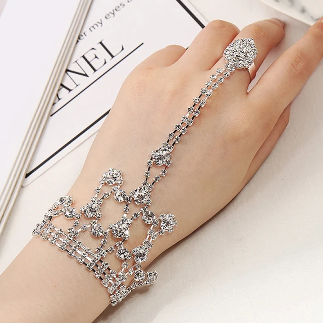 New Fashion Rhinestone Bracelet With Finger Ring Silver Color Crown Link  Wrist Chain For Women Charms Wedding Bride Hand Jewelry - AliExpress