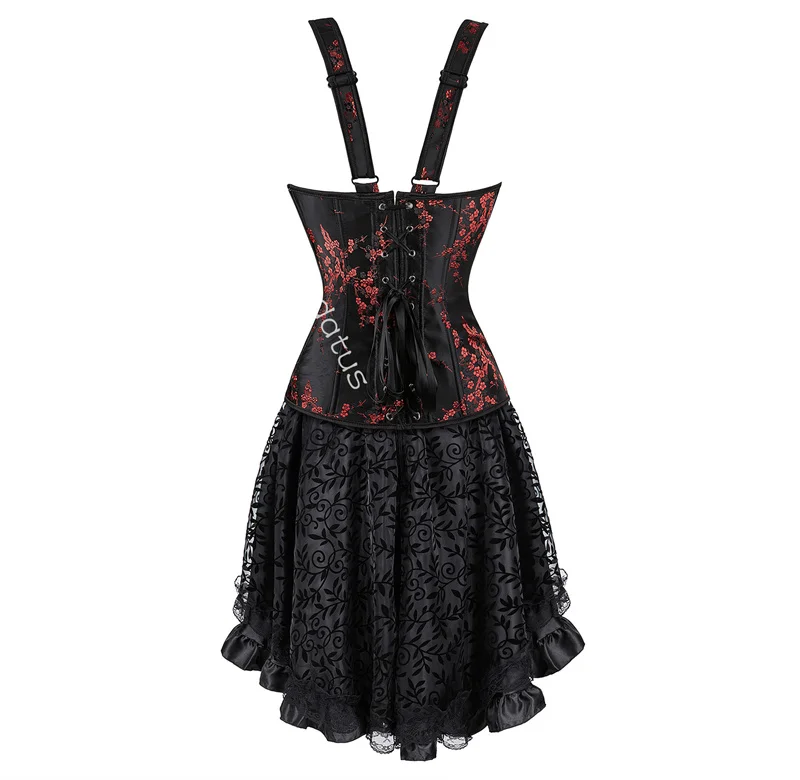 Corset Dress Women Skrit Set Shoulder Strap Lace Zipper Costume Party Sexy Burlesque Halloween Basques Outfit Plus Size Black
