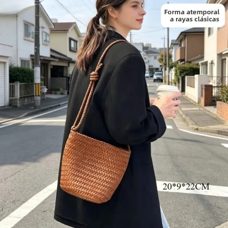 2026 Trendige gewebte Schulter-Bucket-Bag mit großem Fassungsvermögen, französische Ästhetik, Nischen-Textur, Alltagstasche