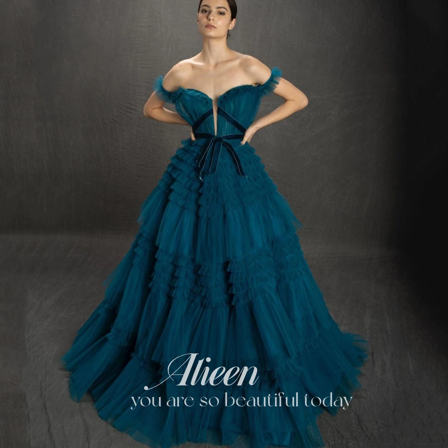 

Aileen 2023 Blue Ruffles Tulle Maxi Prom Dresses Off the Shoulder Frill-Layered Tiered A-Line Long Formal Evening Party Gowns