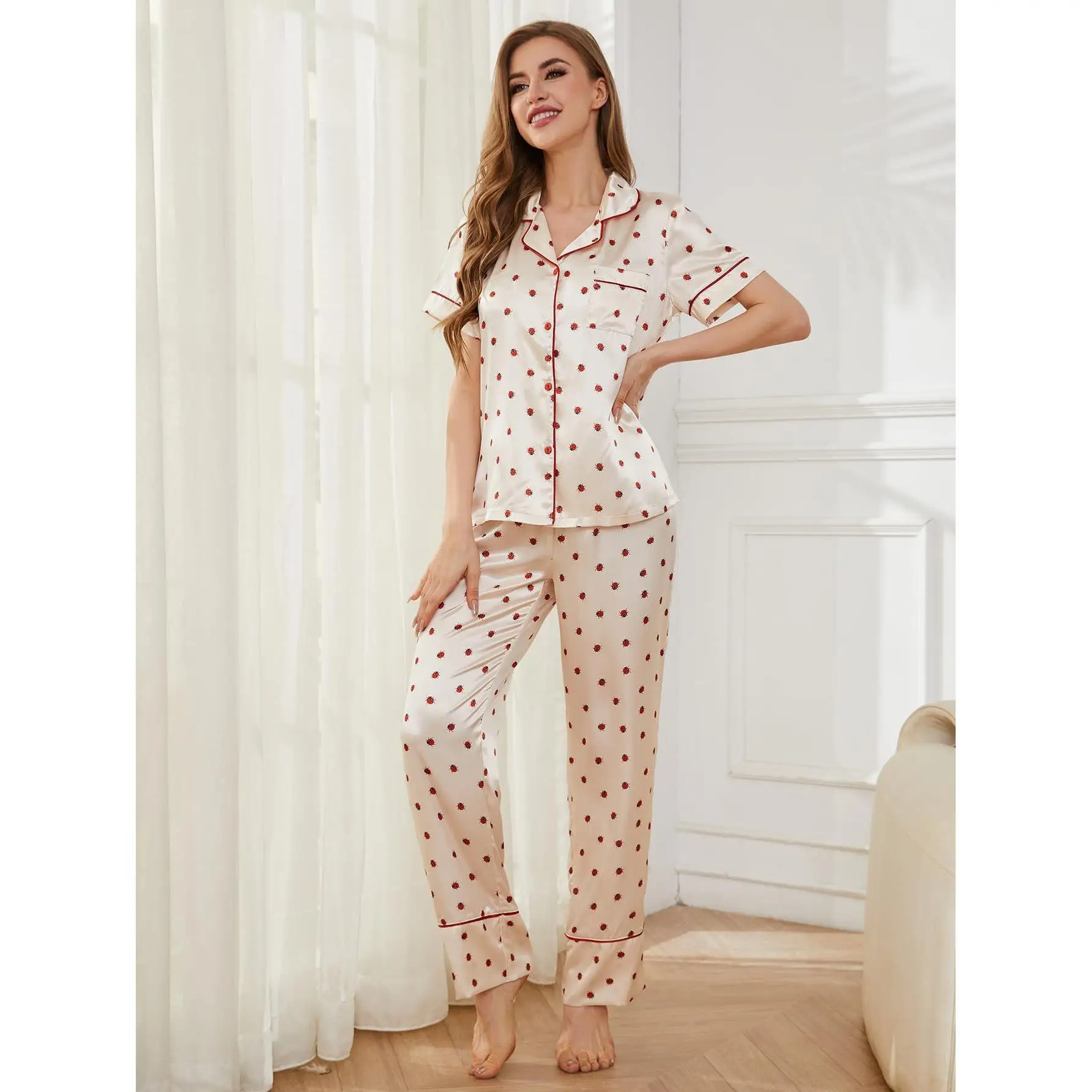 Pajama women summer thin ice silk short-sleeved trousers piping two-piece home clothes