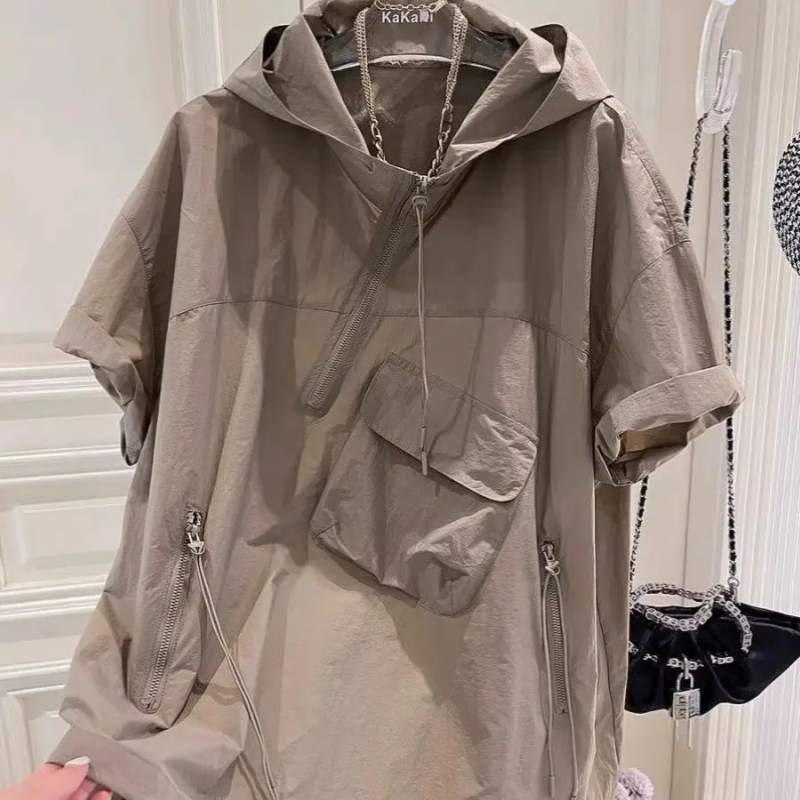 Summer Zippered Pocket Short Sleeve Men Hooded T Shirts Fashion Irregular Harajuku Hip Hop Punk 3xl Oversized Streetwear Black