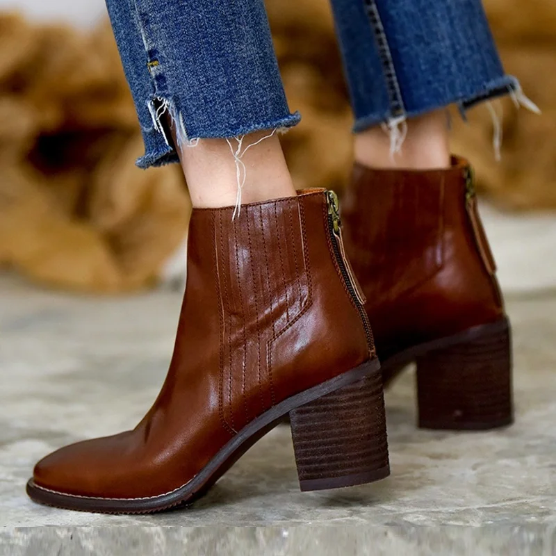 

Thick High Heels Back Zippers Ankle Boots Autumn Spring Concise Cowhide Ladies Shoes Women Bassic Style Modern Winter Boots