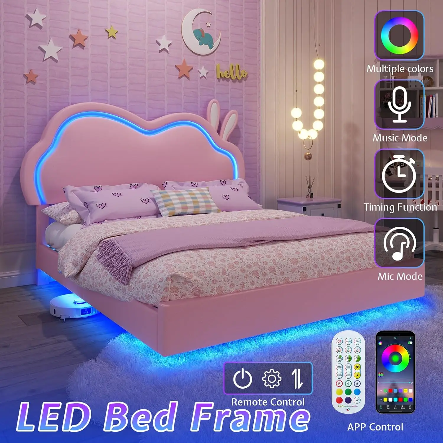 Floating Twin Bed Frame With Adjustable LED Headboard, Cute Leather Upholstered Platform Bed Frame With Wood Slats Support, Easy 产品图片 3