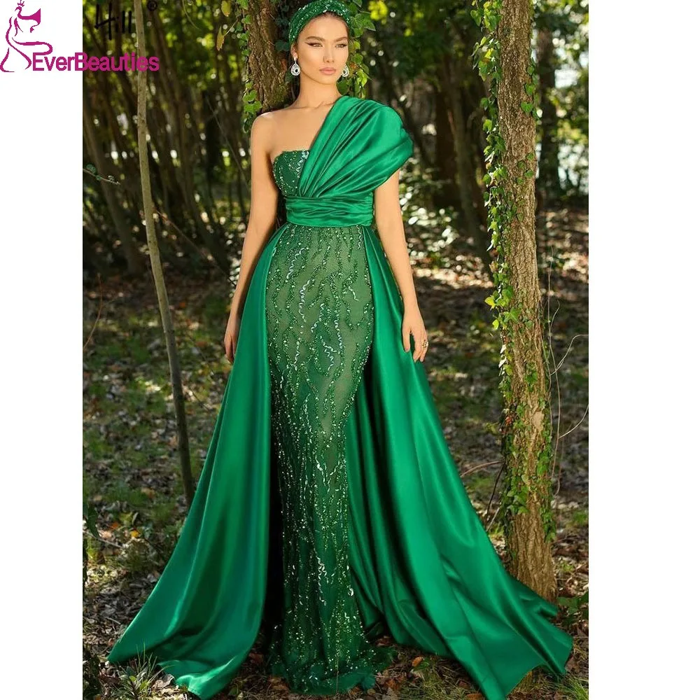 

Mermaid Dubai Prom Dresses for Women One Shoulder Satin Formal Dress Saudi Arabia Party Gown with Cape Evening Dress