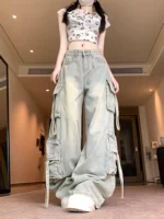 Women's Blue Multi Pocket Cowboy Pants Cargo Y2K Japanese Harajuku Streetwear Aesthetics Retro 90S Jeans Pants Clothing 2025 New - Image 2