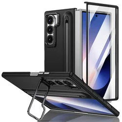 Premium Metal Lens Stand Case with S Pen Slot and Tempered Glass Protector for Samsung Galaxy Z Fold Series (Black)