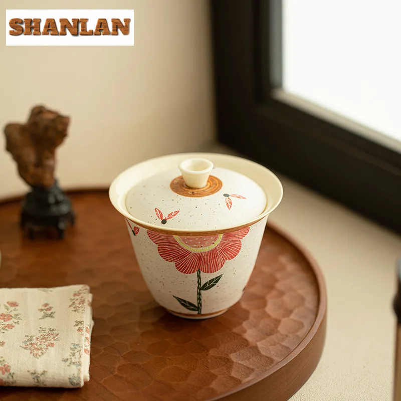 150ml Jingdezhen Powder Yin Cover Bowl Zen Hand-painted Sunflower Gaiwan Ancient Ceramic Tea Tureen Tea Making Tableware Crafts