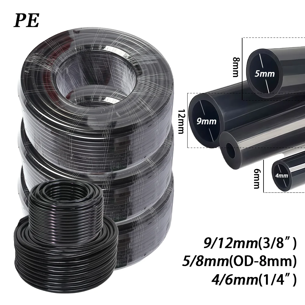 3/8" 1/4" Bewässerungsschlauch Gartenschlauch Druckfest 10/20/30/50M OD-6mm 8mm 12mm Schwarz PE 4/6mm 5/8mm 9/12mm Tropfbewässerungsrohr