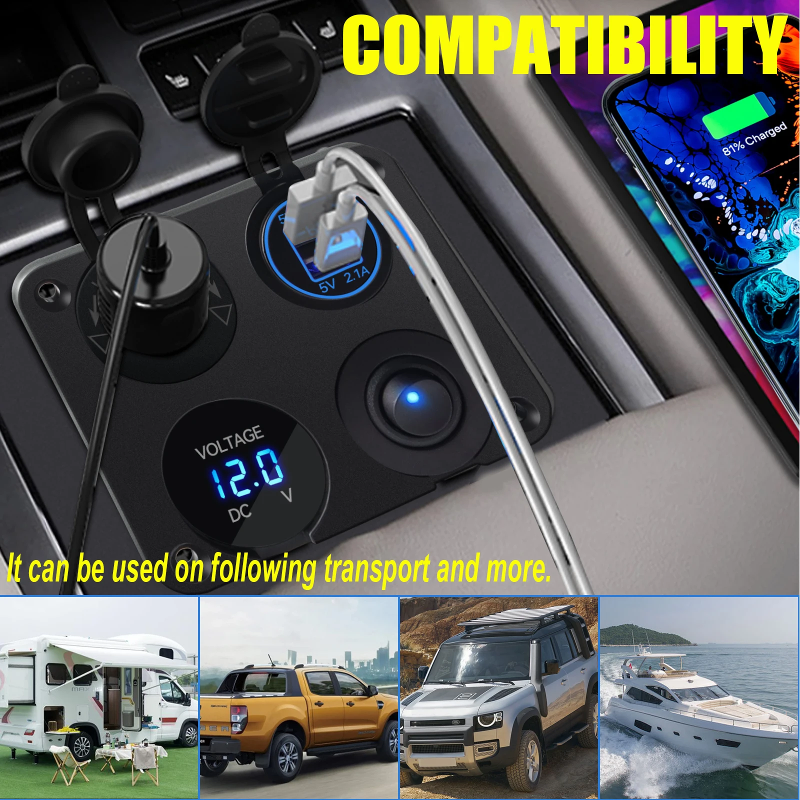  USB Ʈ ޴ ,     ܼƮ, LED а, 4 in 1 г, 12-24V, 4.2A ġ ư ѱ/