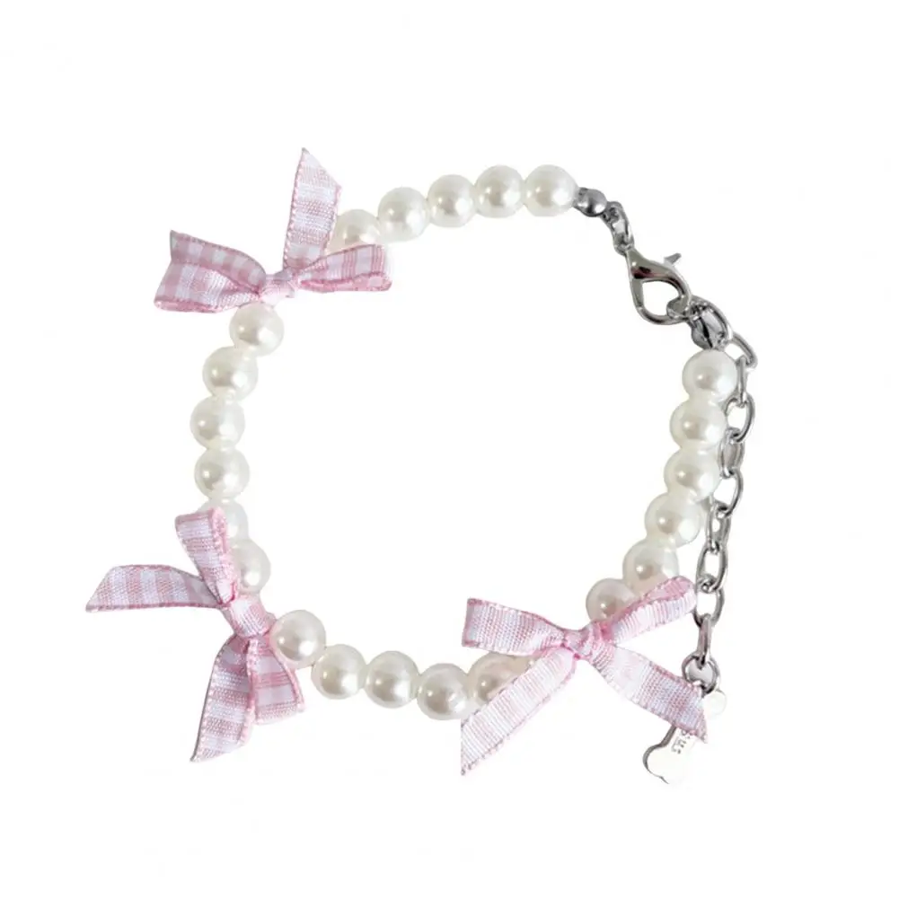 Pet Necklace Non-Fading Comfortable Fit Faux Pearl Dog Bowknot Collar Adjustable Size Bright Colored Pet Collar For Dogs Cats