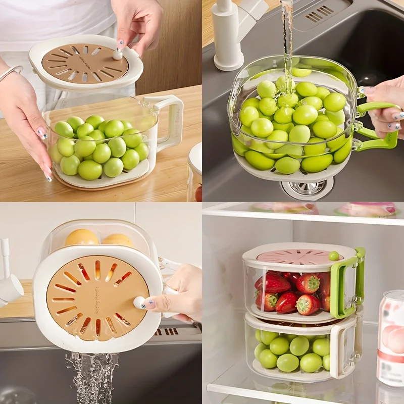 2-in-1 Double Layer Drain Basket, Fruit Drainer Container with Foldable Handle, Multi-Functional Food Strainer