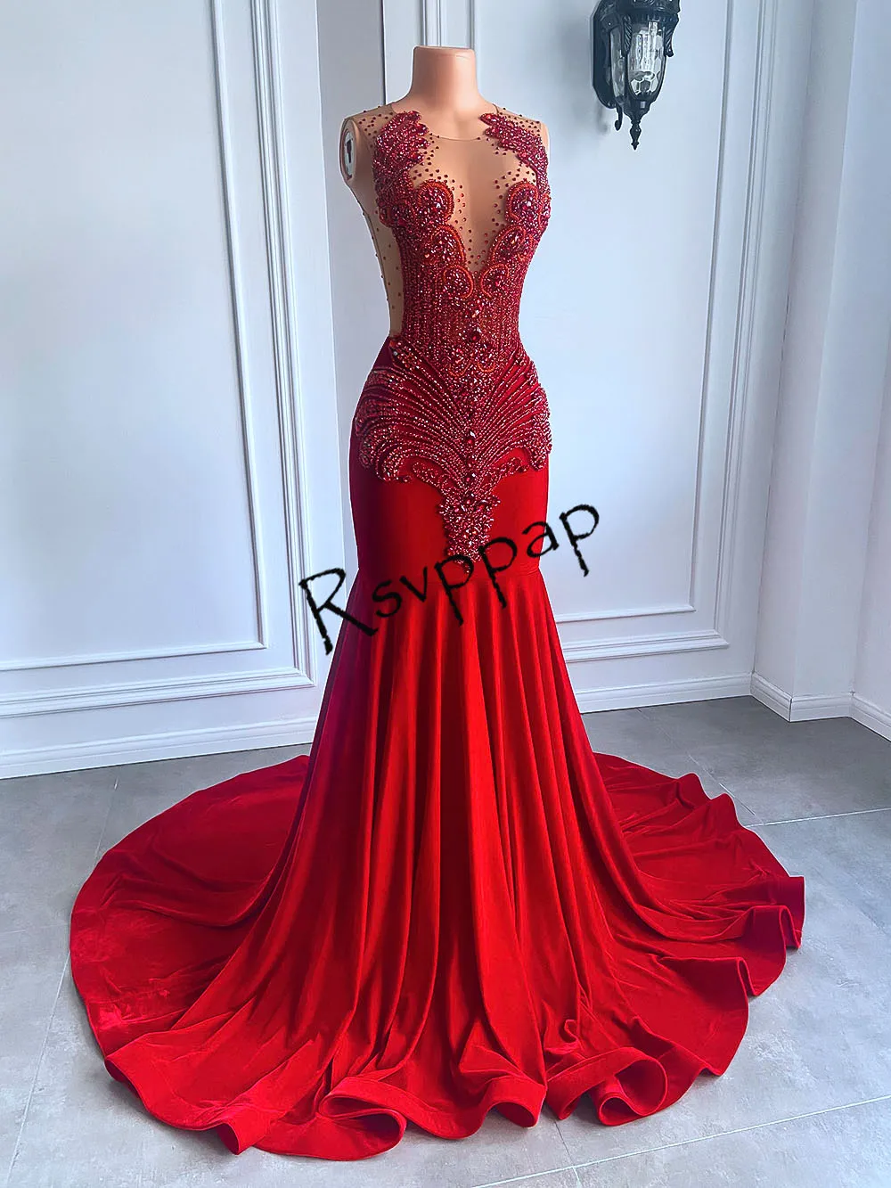 Slinky Red Mermaid Long Prom Dresses 2023 Immagini Reali African Black Girls Handmade Beads Strass Women Birthday Party Gowns