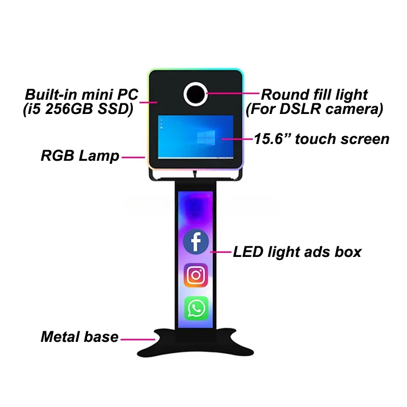 Portable Wedding Vogue Reality Selfie Magic Mirror Machine Photo Booth Led Frame Enclosure 15.6 Inches Touch Screen Photo Booth