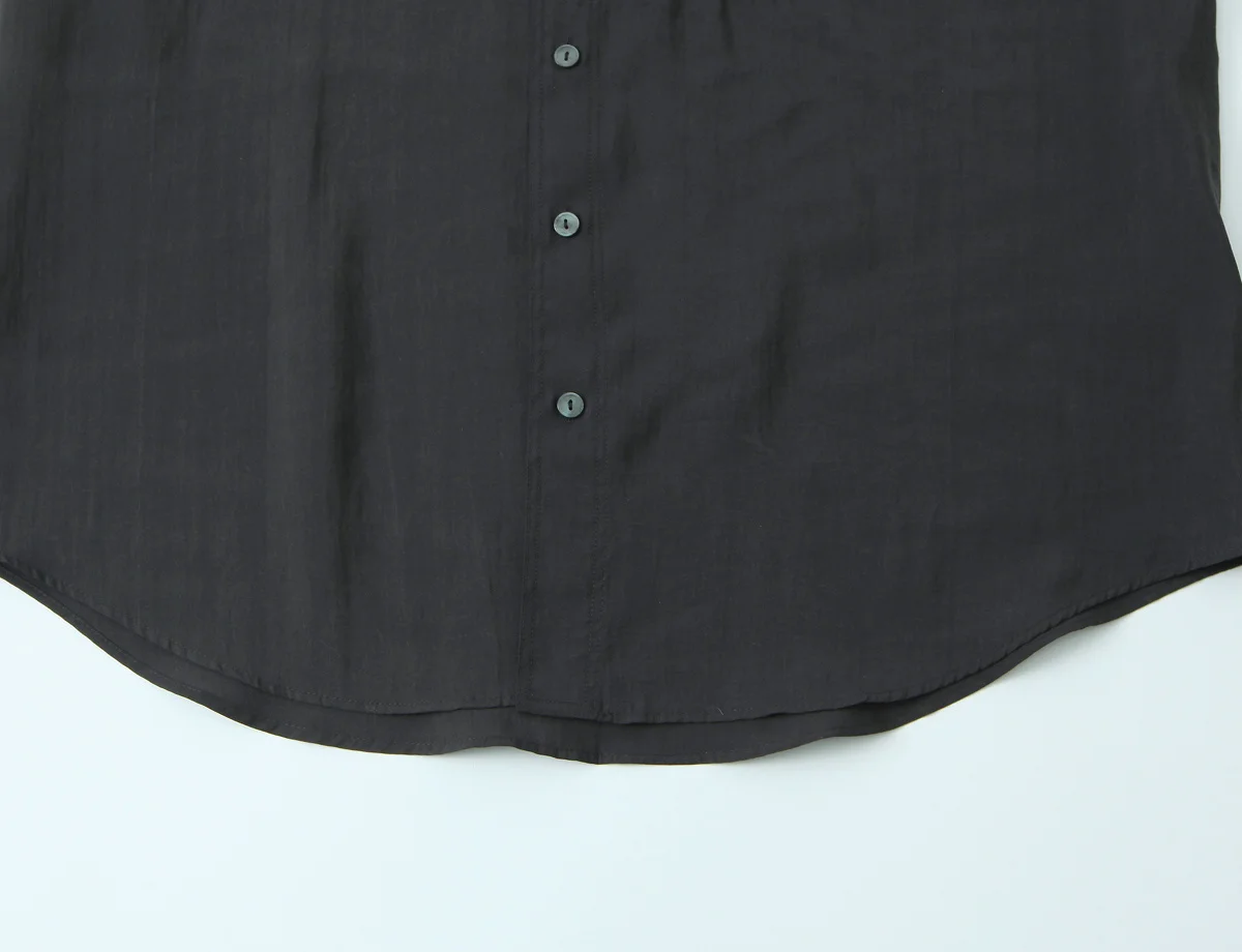 HH Damen Mode Stehkragen Einreihige Bluse Frühling Locker Schwarz mit Taschen Lässiges Langarm-Hemd – Detail 8