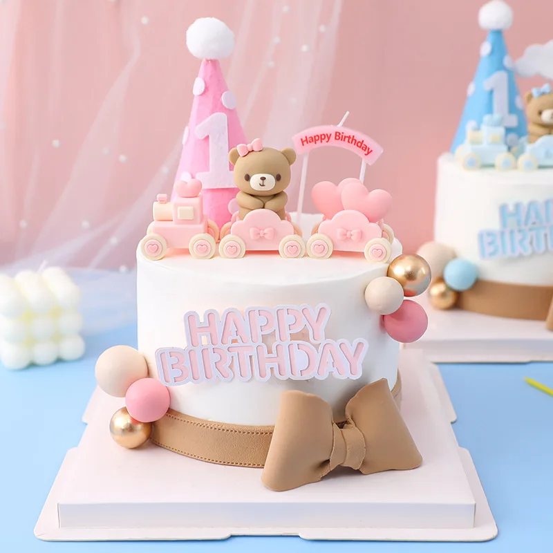 Birthday Cake Toppers Cute Pink Blue Bear Train Balls Insert Cake Decoration for Boy Girl 1st Birthday party baby shower Supplies cake topper cake toppers cake decorations birthday party supplies party decorations
