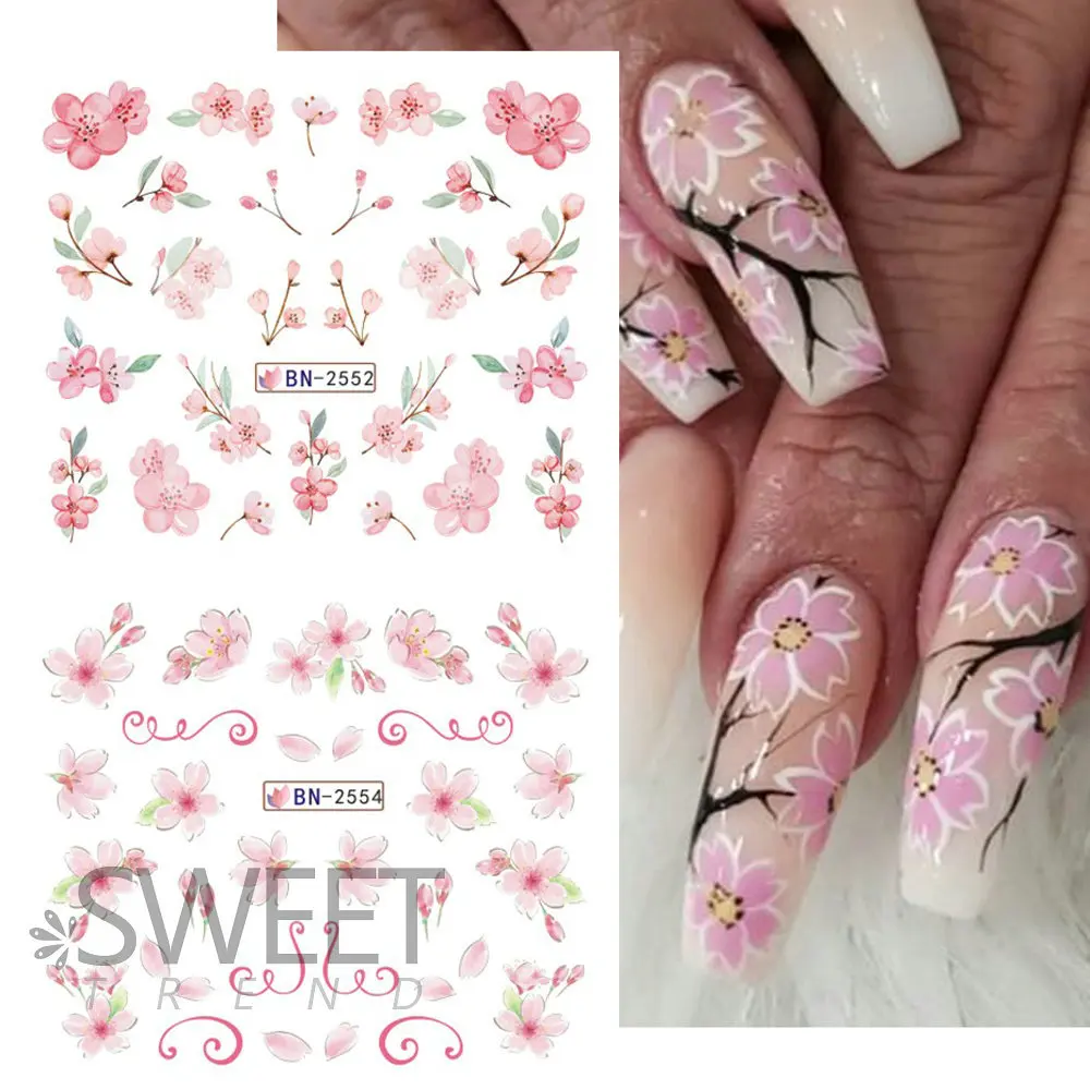 1PC Wholesale Hot Spring Pink Flower Cherry Blossom Watermark Nail Sticker