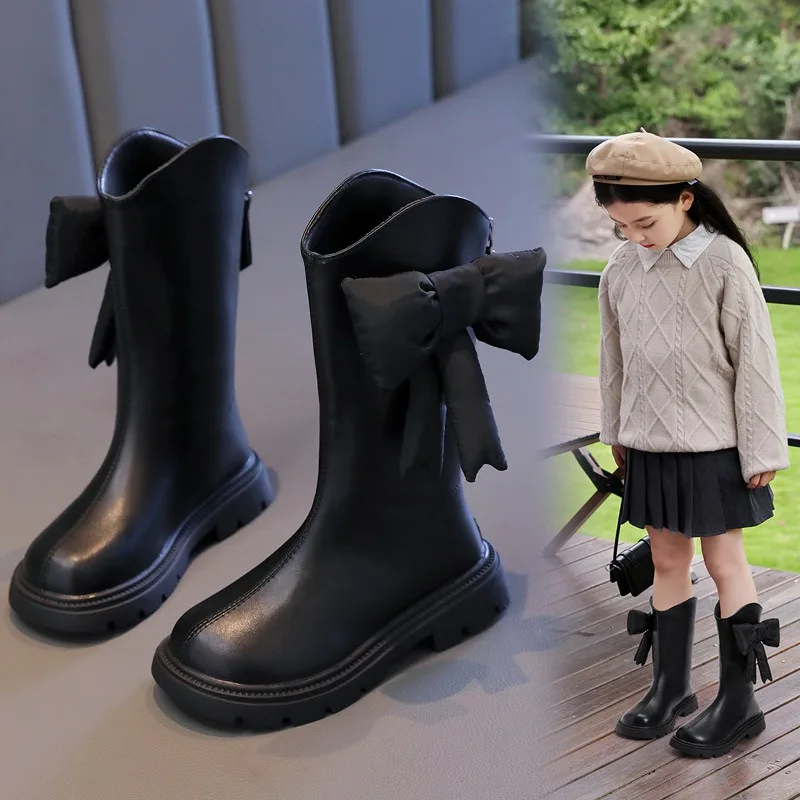 New Winter Girls Princess Cotton Boots Elegant Bowknot Children Causal Boots Fashion Black Versatile Kids Simple Mid-calf Boots 5