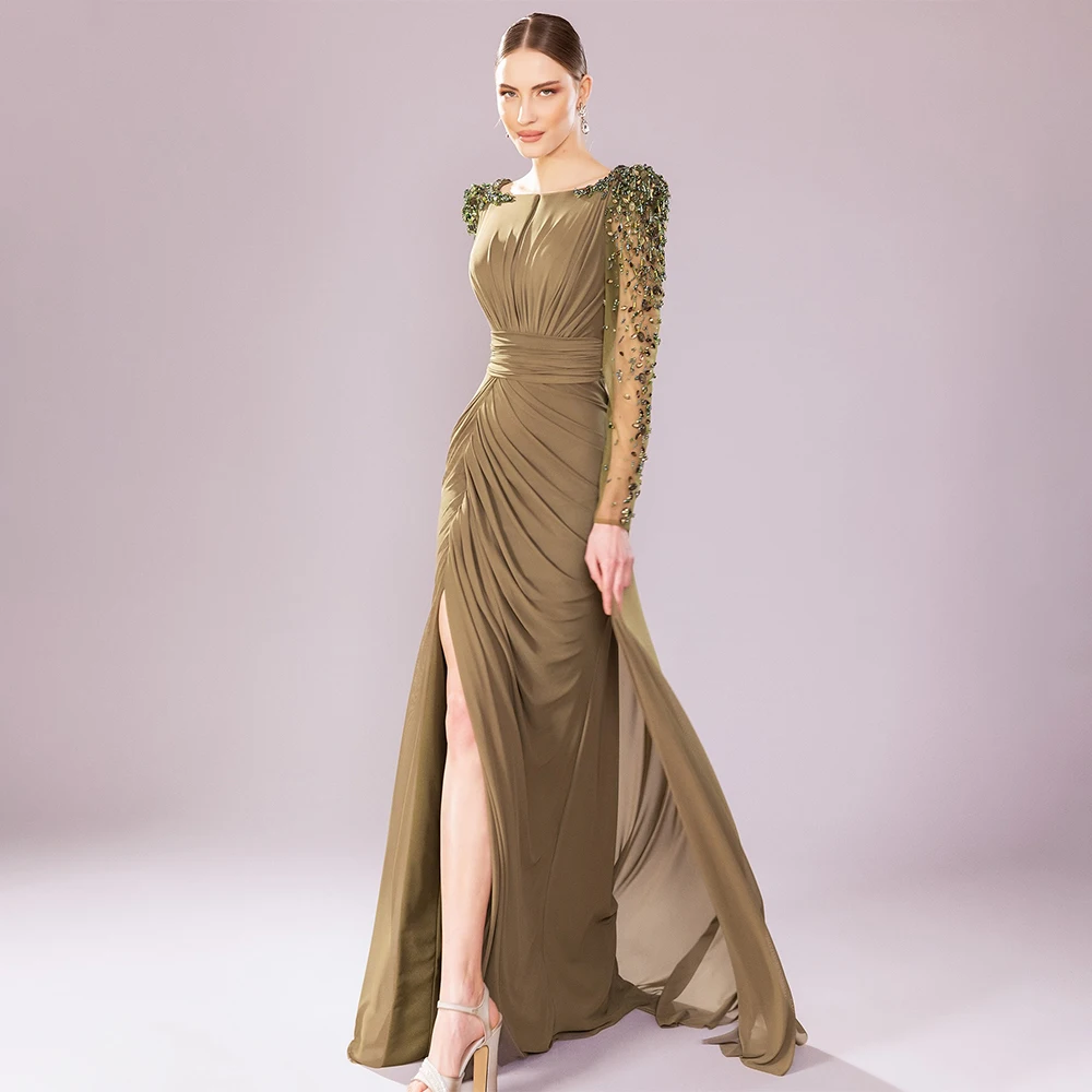 Luxury Wedding Party Dress Crystal Long Sleeves Column Formal Evening Gowns Green Chiffon Side Split Mother of the Bride Dresses mother bride dresses