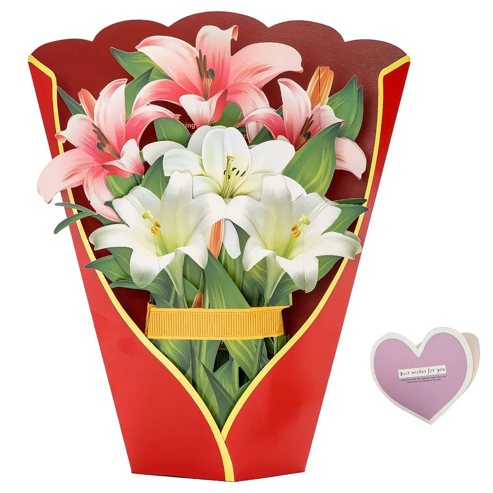 Paper Pop-Up Cards Lilies Flower Bouquet 3D Greeting Cards for Mom Mothers Day All Occasions