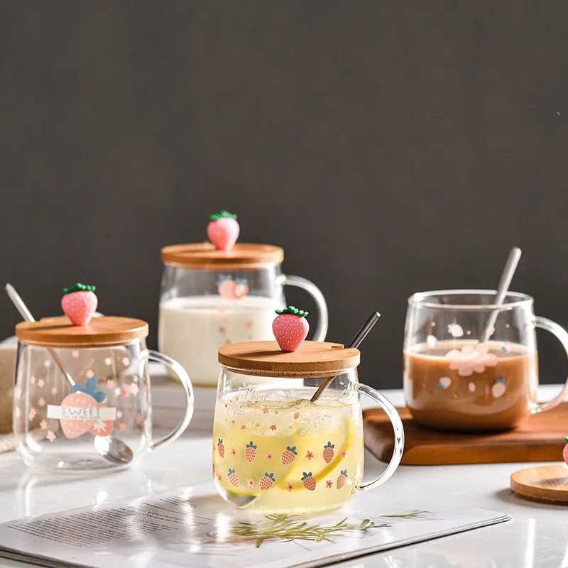 Novelty 3d Lid Cartoon Strawberry Cute Water Glass Transparent Milk Juice Drinkware Cup Mug Drinking Borosilicate Glasses Coffee
