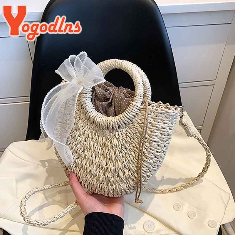 Yogodlns Straw Woven Crossbody Shoulder Bag For Women Handmade Small Purse Handbag Bohemia Ladies Summer Rattan Beach Bag bolsa