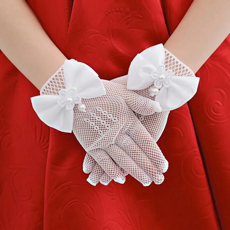 1Pair Girls Kids White Lace Faux Pearl Fishnet Gloves Communion Flower Girl Bride Party Ceremony Accessories