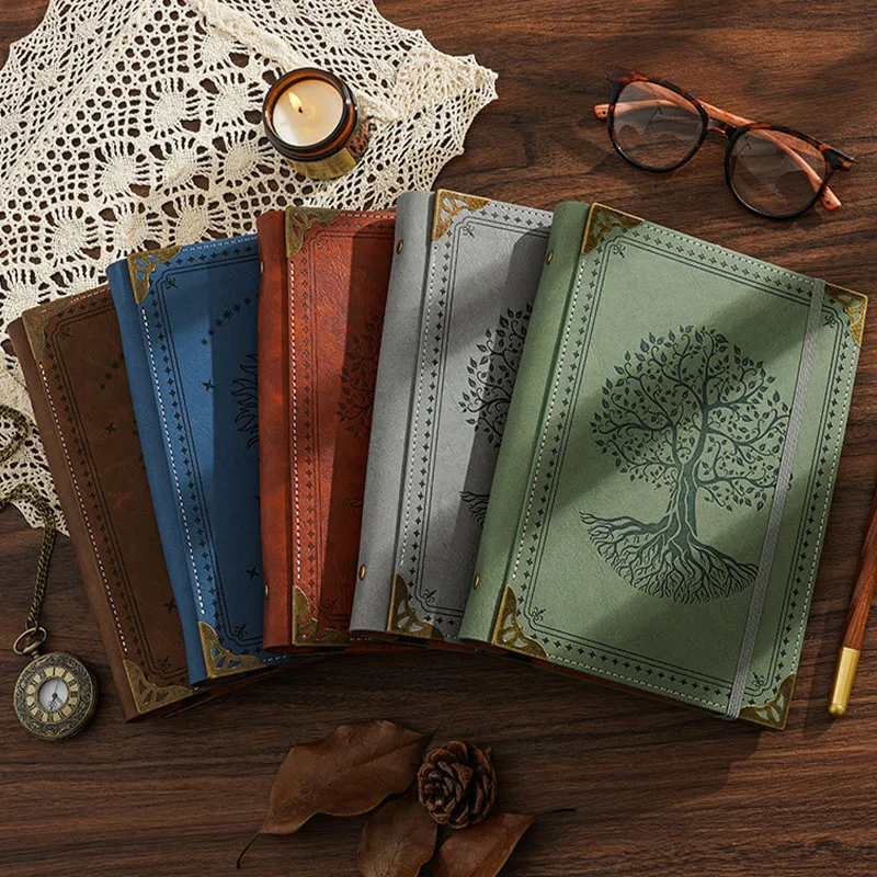 Refillable Leather Journal with Retro Tree & Sun Design - Witchy Notebook