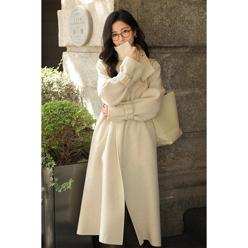 

Small sheepskin splicing stand up collar rabbit velvet double-sided woolen coat for women's 2023 winter loose lady Fashion trend