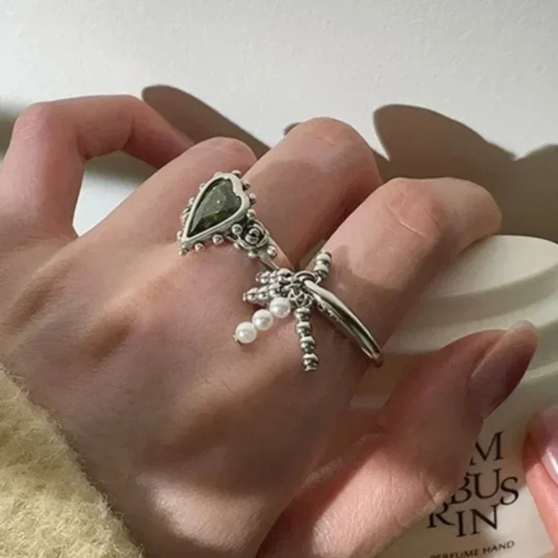 Simple Tassel Pendant Ring French Retro Jewelry Romantic Heart Adjustable Finger Rings Engagement Jewelry Valentine Day Gift