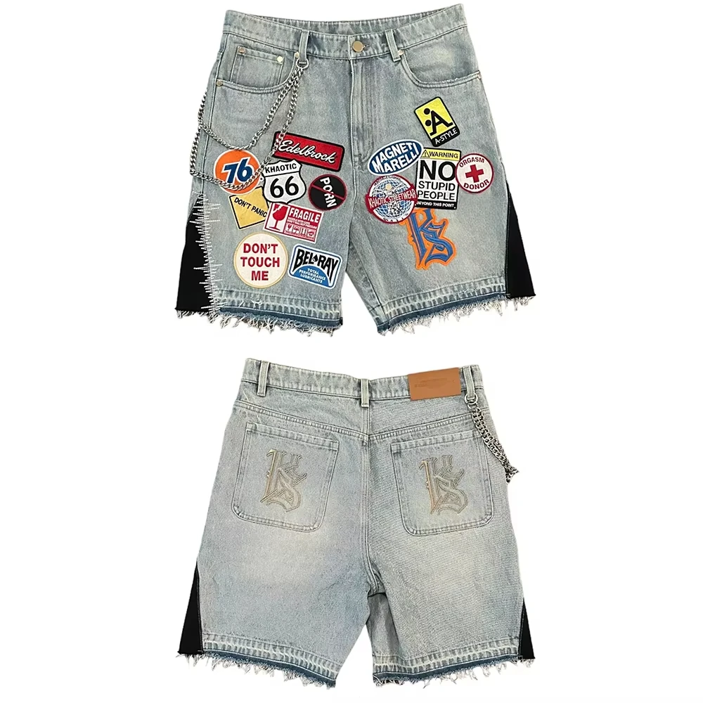 American Patchwork Denim Shorts Y2K Jeans Men Hip Hop Cartoon Pattern Embroidery Retro Blue Loose Denim Fitness Casual Shorts denim shorts summer jeans shorts